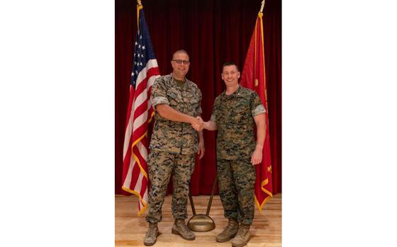 U.S. Marine Corps Col. Matthew Danner, the outgoing commanding officer of 31st Marine Expeditionary Unit, left, and Col. Chris Niedziocha, the incoming commanding officer of 31st Marine Expeditionary Unit, pose for a photo after a change of command ceremony at Camp Hansen, Okinawa, Japan, May 20, 2024.