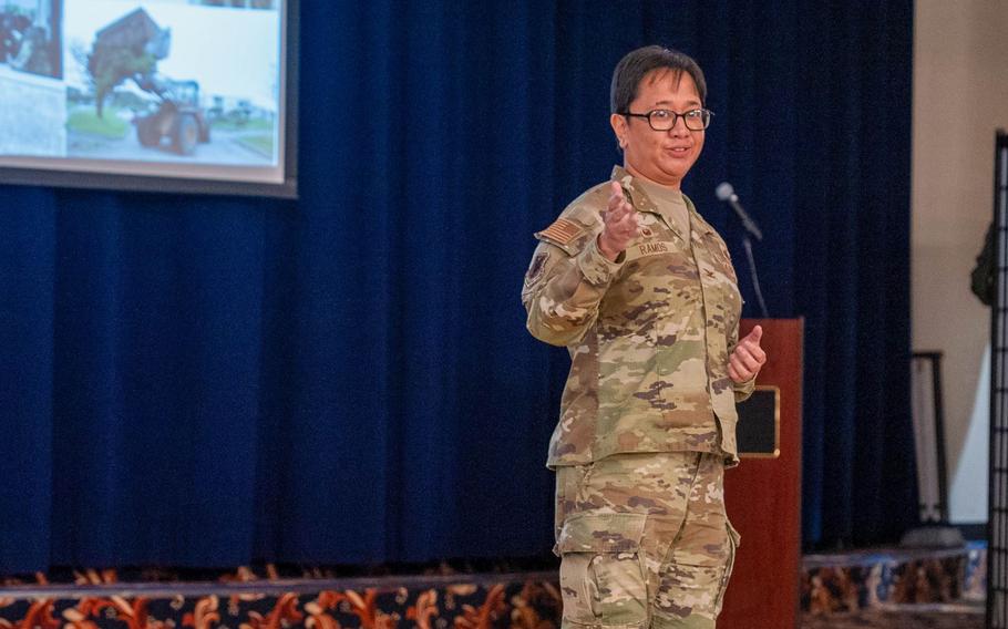 U.S. Air Force Col. Laura Ramos, 18th Mission Support Group commander, speaks during the Kadena Leadership Conference at Kadena Air Base, Japan, March 13, 2024. During the conference, Kadena leadership got together to discuss top issues impacting Kadena service members. 