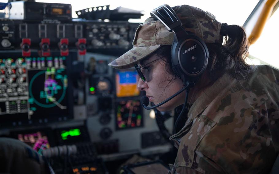 U.S. Air Force Capt. Sarah Kreiser, 909th Air Refueling Squadron pilot, flies a KC-135 Stratotanker over the Pacific Ocean, March 8, 2024. The 909th ARS celebrated international women’s day by hosting an all women’s flight.