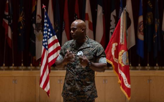 Photo Of U.S. Marine Corps Sgt. Maj. Emanuel Hudson, the sergeant major of 5th Air Naval Gunfire Liaison Company, III Marine Expeditionary Force Information Group, gives a speech during an appointment ceremony at Camp Hansen, Okinawa, Japan, July 25, 2024.