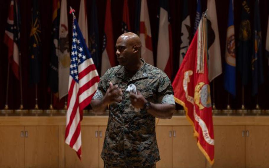 U.S. Marine Corps Sgt. Maj. Emanuel Hudson, the sergeant major of 5th Air Naval Gunfire Liaison Company, III Marine Expeditionary Force Information Group, gives a speech during an appointment ceremony at Camp Hansen, Okinawa, Japan, July 25, 2024.