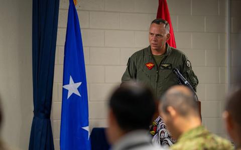 Photo Of U.S. Marine Corps Maj. Gen. Eric Austin, 1st Marine Aircraft Wing commanding general, gives opening remarks on the final day of the Bilateral Defense of Okinawa Working Group conference at Kadena Air Base, Japan, June 6, 2024. 