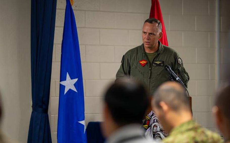 U.S. Marine Corps Maj. Gen. Eric Austin, 1st Marine Aircraft Wing commanding general, gives opening remarks on the final day of the Bilateral Defense of Okinawa Working Group conference at Kadena Air Base, Japan, June 6, 2024.