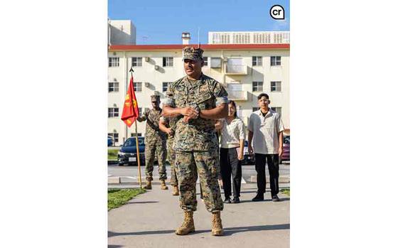 Photo Of U.S. Marine Corps Master Sgt. Jose Guerra delivers a speech during his promotion ceremony on Camp Schwab, Okinawa, Japan, Sept. 4, 2024.