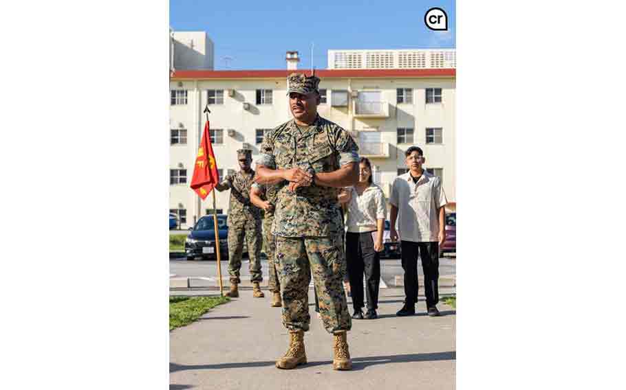 U.S. Marine Corps Master Sgt. Jose Guerra delivers a speech during his promotion ceremony on Camp Schwab, Okinawa, Japan, Sept. 4, 2024.