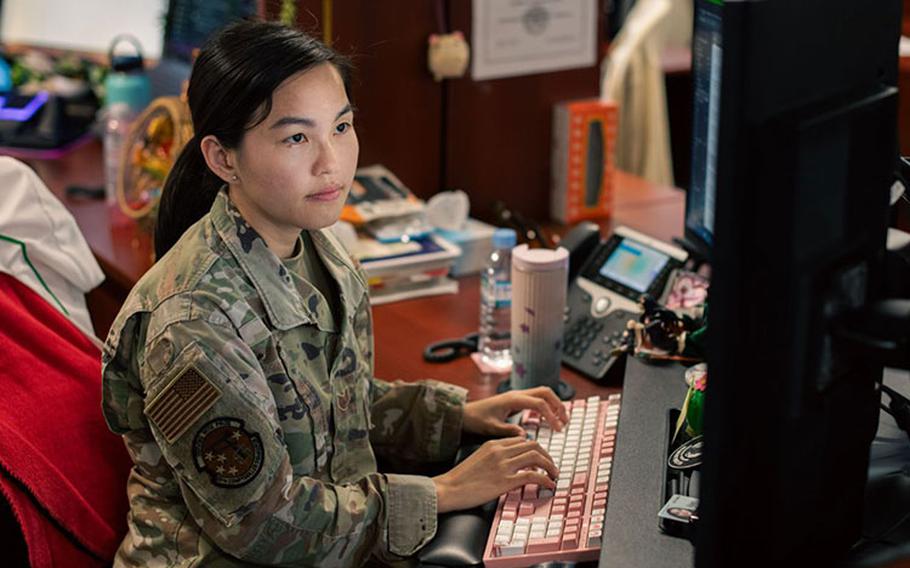 U.S. Air Force Staff Sgt. Vien Roman, 18th Comptroller Squadron financial budget analyst, reviews unfunded requests at Kadena Air Base, Japan, Sept. 28, 2023. The 18th CPTS and 18th Contracting Squadron were able to execute on roughly $40 million before the end of the 2023 fiscal year in order to support 18th Wing facilities and equipment acquisition. (U.S. Air Force photo by Senior Airman Sebastian Romawac)