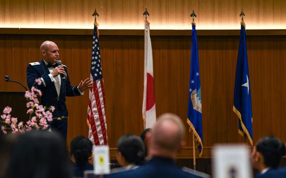 Photo Of U.S. Air Force Brig. Gen. Nicholas Evans, 18th Wing commander, gives remarks during the Senior Noncommissioned Officer Induction Ceremony at Kadena Air Base, Japan, July 26, 2024.